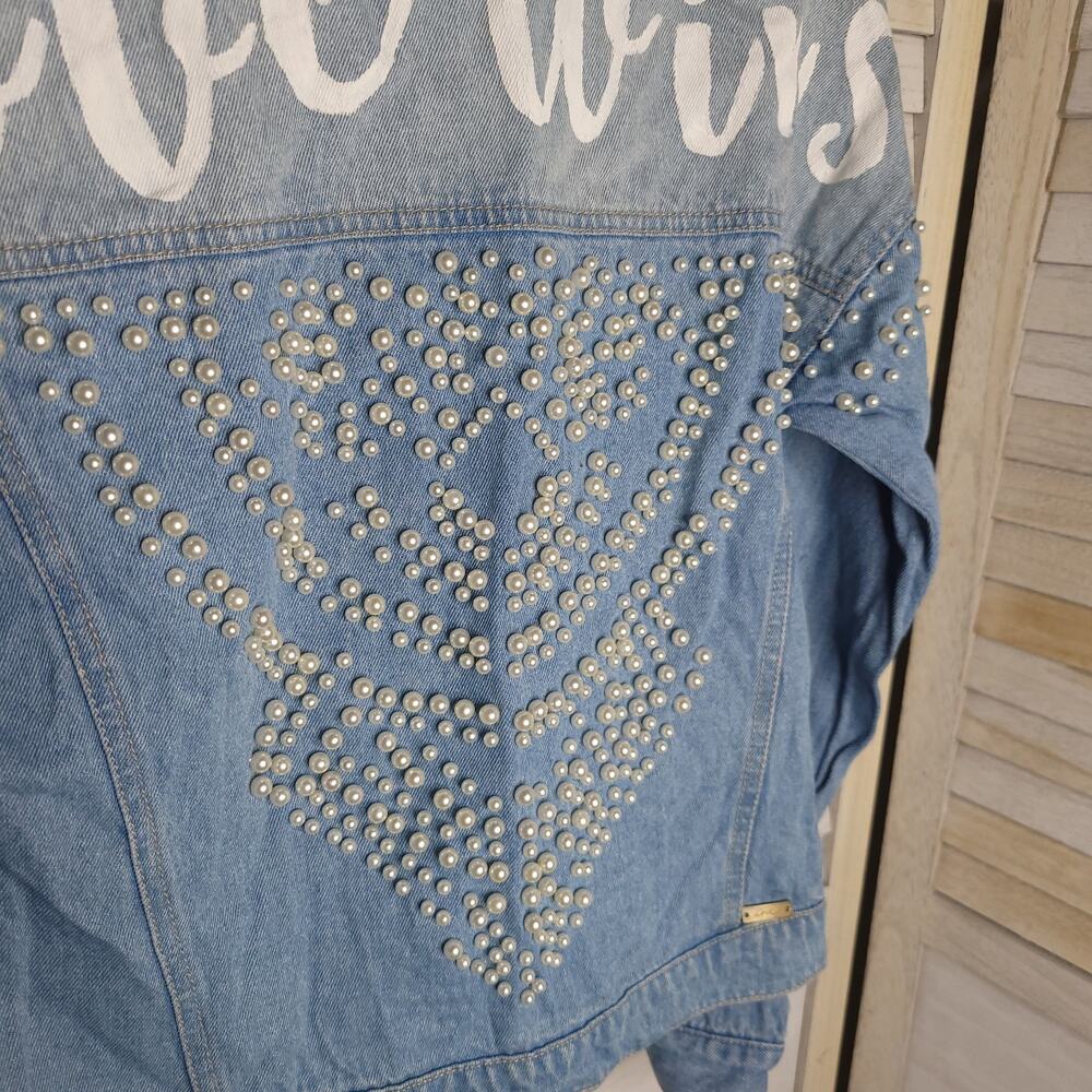 International Concepts Jean Jacket Beaded "Love Wins" Custom Womens XS Blue - Picture 8 of 11